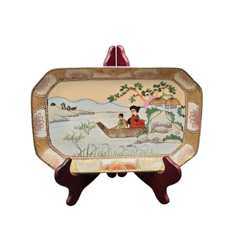 Vintage‎ Nippon Hand-Painted Porcelain Tray Display Trinket Dish Lake Scene Boat